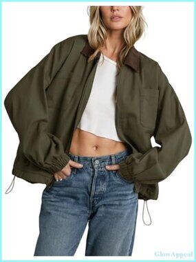 Women's Lightweight Canvas Barn Utility Jacket Corduroy Collar Zip Cinchable Hem